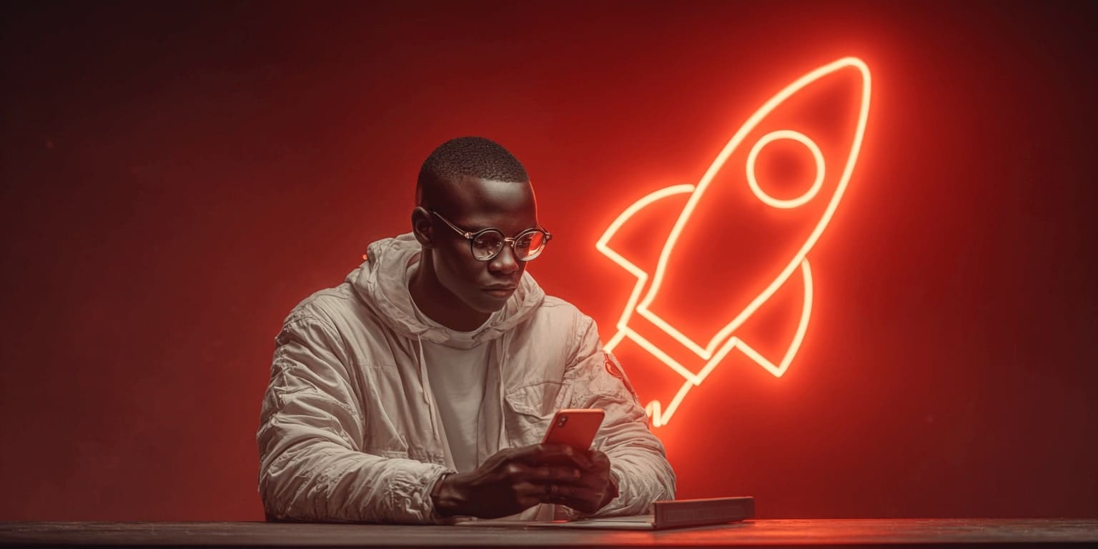 A young man in glasses with a phone in his hands against the background of a neon rocket symbolising the Aviator game at VIVAGAME online casino.