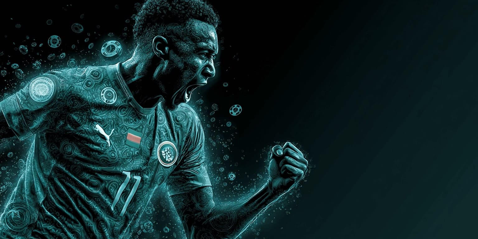 A footballer in a shout of joy with clenched fists against a neon digital background, symbolising the passion for sports betting on VIVAGAME.