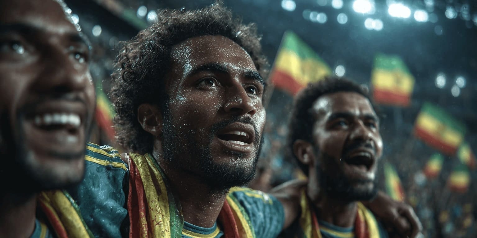A group of fans in t-shirts and with flags on their shoulders are excitedly watching the match, conveying the excitement of sports betting on the VIVAGAME platform.