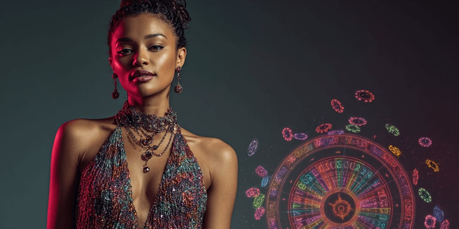 An elegant woman in a glittering evening dress against a background of neon roulette and colourful chips, representing the atmosphere of VIVAGAME online casino.