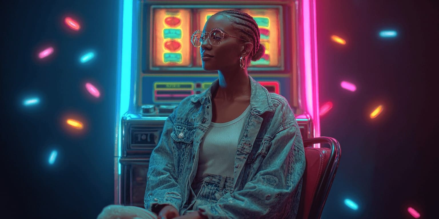 A young woman in a denim jacket and glasses sits in front of a brightly coloured slot machine against a backdrop of neon lights, representing the atmosphere of VIVAGAME online casino.