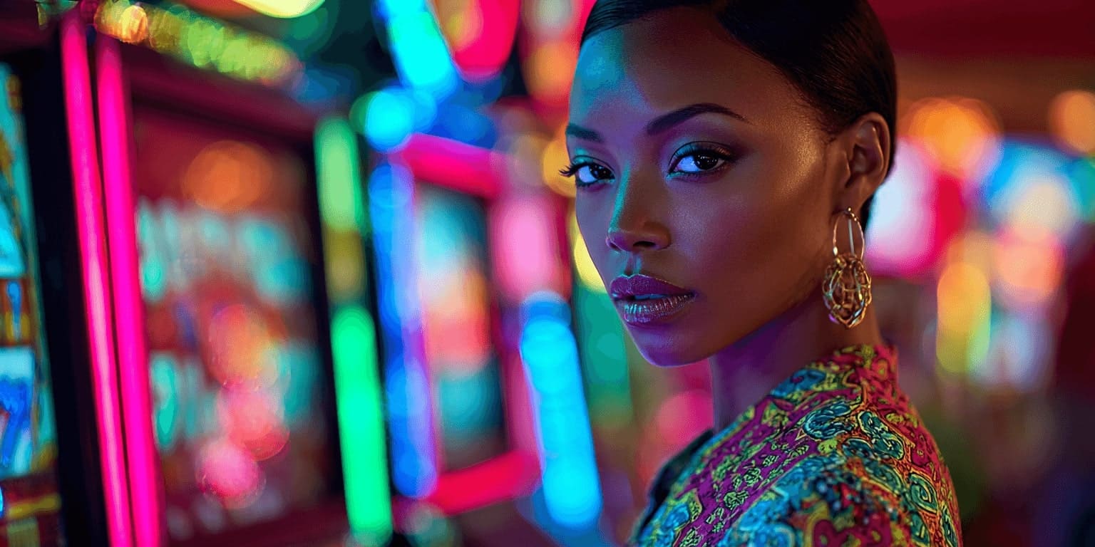 A woman in brightly coloured clothes stands next to neon slot machines, looking into the camera, conveying the atmosphere of VIVAGAME online casino.