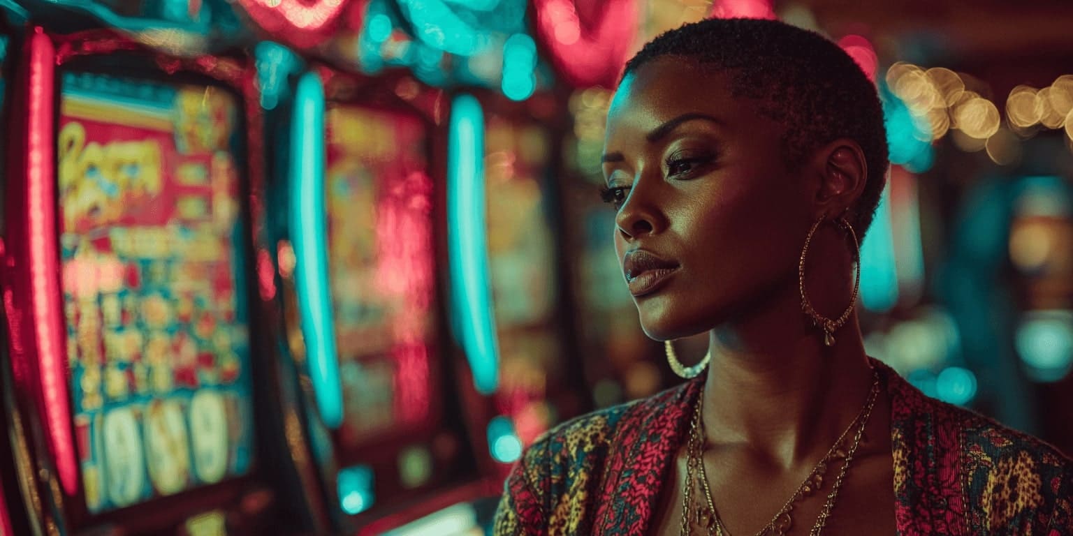 A woman with a short haircut and earrings looks away against a backdrop of glowing slot machines, embodying the spirit of the VIVAGAME casino.